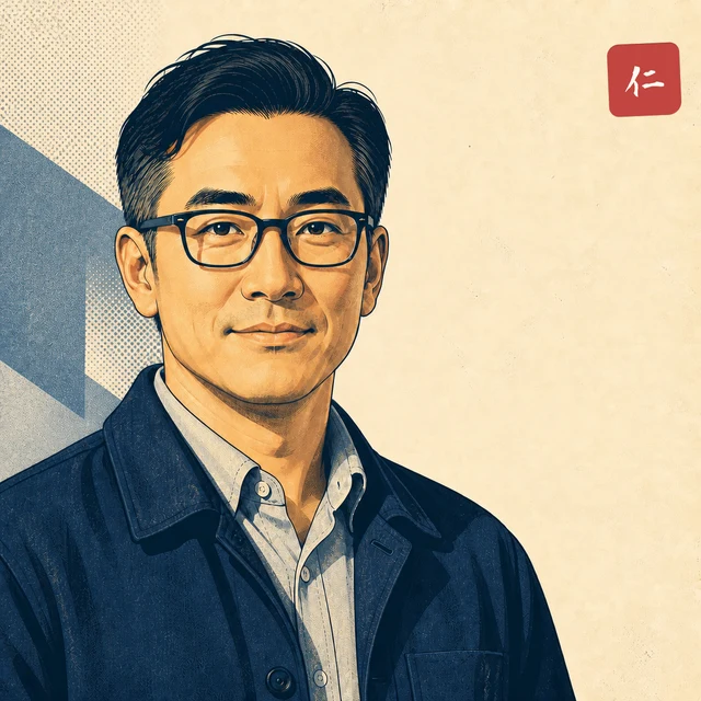 Jin（仁）の似顔絵。眼鏡をかけた40代の日本人男性